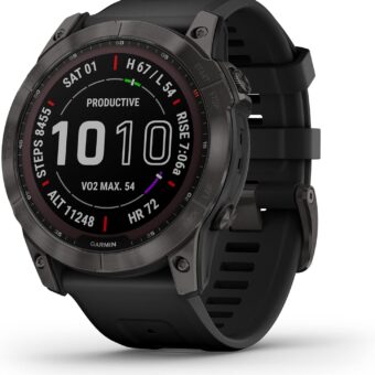 Garmin fenix 7 Solar, adventure smartwatch, with Solar Charging Capabilities, rugged outdoor watch with GPS, touchscreen, health and wellness features, slate gray with black band