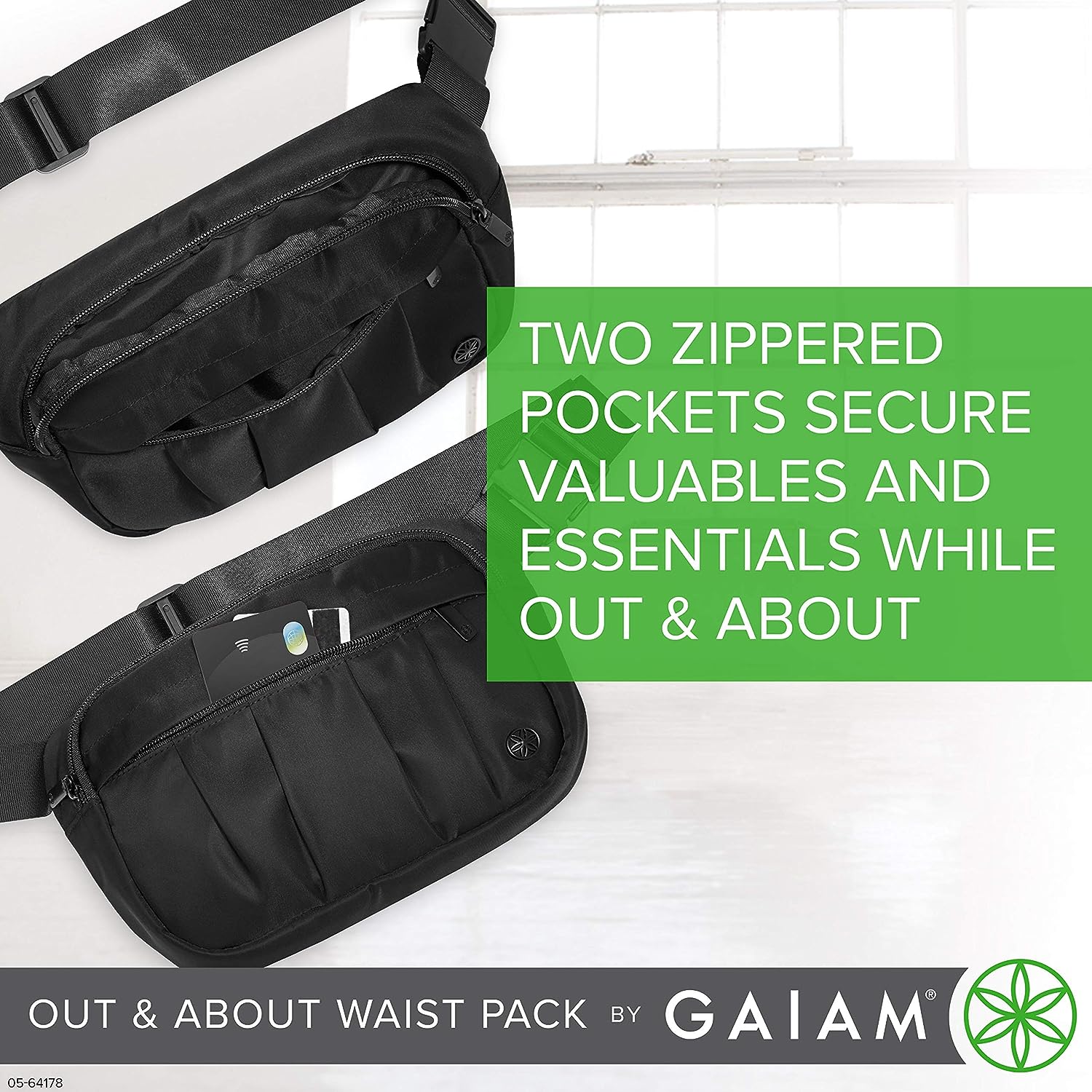 Gaiam Fanny Pack Running Belt Bag - Out & About Waist Pack Cell Phone Holder Exercise Gym Slim Zipper Workout Pouch Jogging Bag, Multi Pocket, Adjustable, Walking, Runner Accessories Women - Image 3