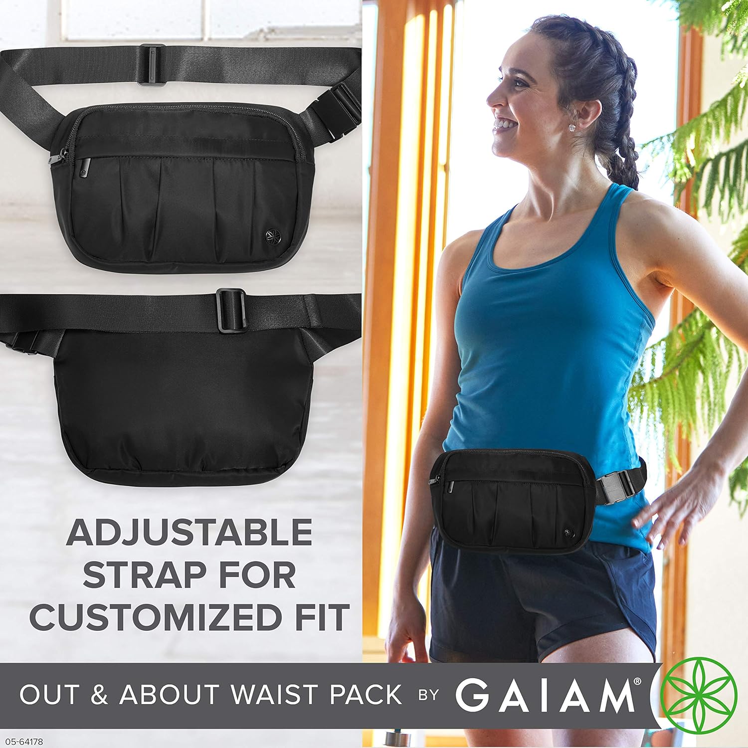 Gaiam Fanny Pack Running Belt Bag - Out & About Waist Pack Cell Phone Holder Exercise Gym Slim Zipper Workout Pouch Jogging Bag, Multi Pocket, Adjustable, Walking, Runner Accessories Women - Image 2