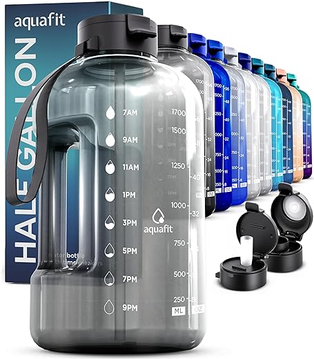 AQUAFIT Half Gallon Water Bottle With Time Marker - 64 oz Water Bottle With Straw - Gym Water Bottle With Strap - Big Water Bottle - Reusable Water Bottles With Straw - Large...