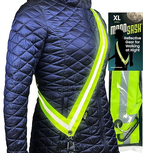 MOONSASH Fitted Reflective Gear for Walking at Night > 3 Sizes, 2 Colors > Dog Walking, Biking, Jogging... Reversible & Contoured > US Patented Reflective Sash > Replaces...