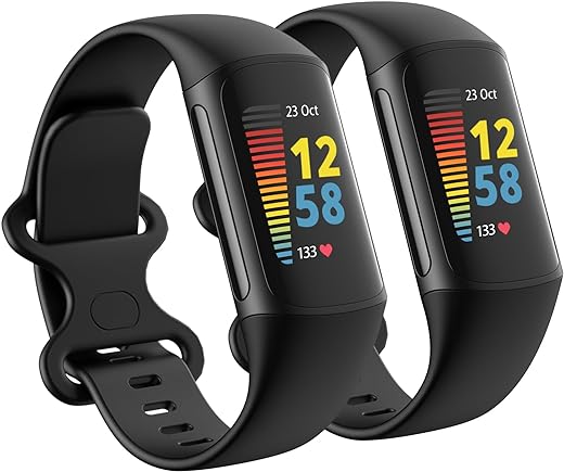 2 Pack Waterproof Bands Compatible with Fitbit Charge 5 / Fitbit Charge 6 for Women Men, Classic Soft Sports Replacement Wristbands for Women Men (Large 7.1''-9.1'', black/black)