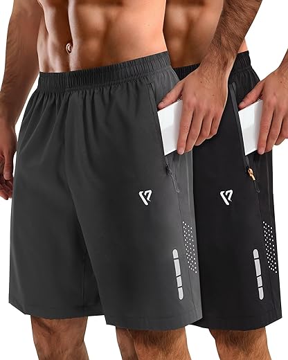 2 Pack Mens Athletic Shorts Quick Dry 7 Inch Running Shorts Breathable Mesh Gym Workout Shorts with Zipper Pockets