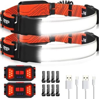 Adelante LED Headlamp Flashlight, 1000LM 230°Wide-Beam USB Rechargeable Head Light with Taillight(Individual Control) & 8 Clips Waterproof Headlight Headlamps for Running and...