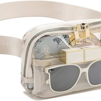 Clear Fanny Pack Belt Bag Stadium Approved for Women Men with Adjustable Strap Water-resistant Waist bag Clear Purse for Travel Workout Running Hiking(Beige)