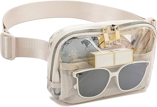 Clear Fanny Pack Belt Bag Stadium Approved for Women Men with Adjustable Strap Water-resistant Waist bag Clear Purse for Travel Workout Running Hiking(Beige)