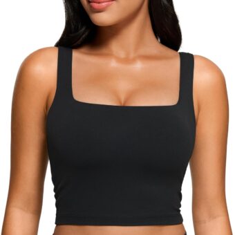 CRZ YOGA Butterluxe Womens Square Neck Longline Sports Bra - Workout Crop Tank Tops Padded with Built in Shelf Yoga Bra