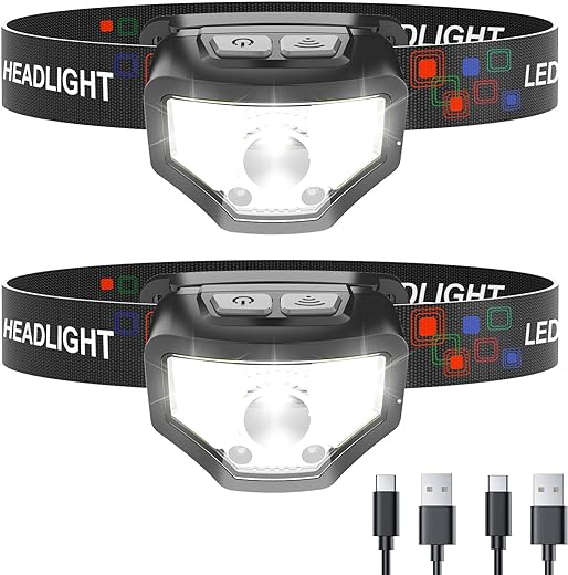 Headlamp Rechargeable, 2-Pack 1200 Lumen Super Bright with White Red LED Head Lamp Flashlight, 12 Modes, Motion Sensor, Waterproof, Outdoor Fishing Camping Running Cycling...
