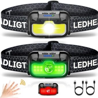 Headlamp Rechargeable, 2 Pack 1300 Lumen Ultra-Light Bright Head Lamp with White Red Green, 14 Modes Adjustable Waterproof Motion Sensor Headlight for Outdoor Camping Running...