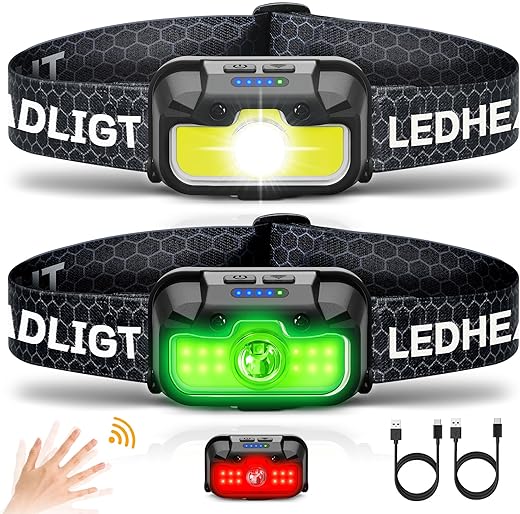 Headlamp Rechargeable, 2 Pack 1300 Lumen Ultra-Light Bright Head Lamp with White Red Green, 14 Modes Adjustable Waterproof Motion Sensor Headlight for Outdoor Camping Running...