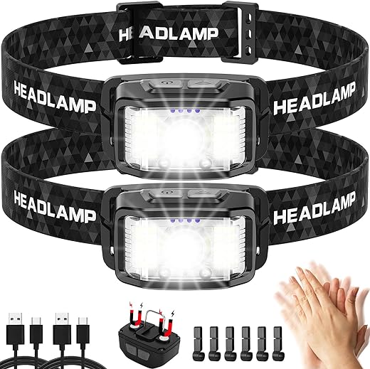 Headlamp Rechargeable,2 Pack 2000 Lumen Ultra Bright Led Headlamp,16 Modes Motion Sensor Head Lamp,Waterproof Lightweight White Red LED Flashlight for...