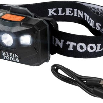 Klein Tools 56048 Rechargeable Auto-Off LED Headlamp, Adjustable Fabric Strap, 400 lms, All-Day Runtime, for Work, Running, Outdoor Hiking