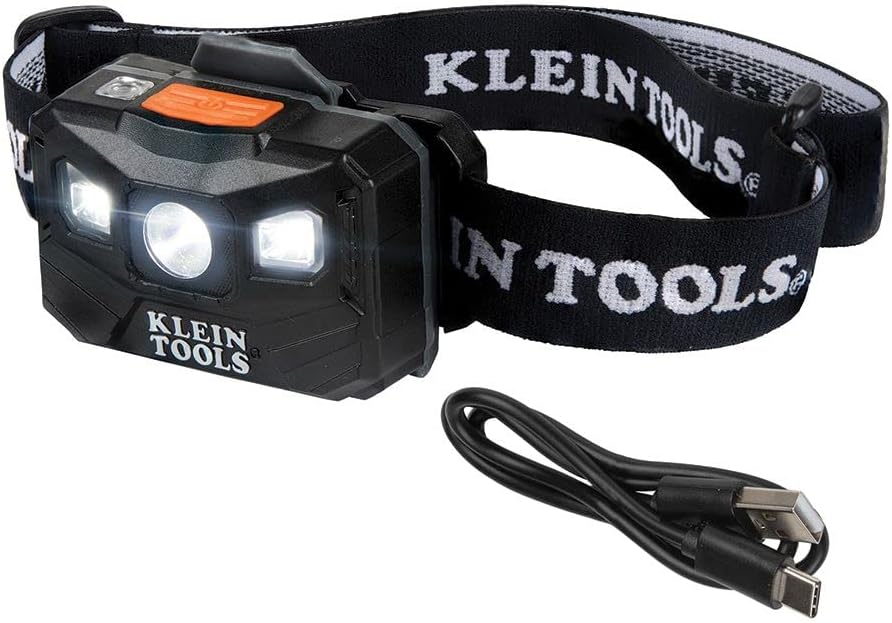 Klein Tools 56048 Rechargeable Auto-Off LED Headlamp, Adjustable Fabric Strap, 400 lms, All-Day Runtime, for Work, Running, Outdoor Hiking
