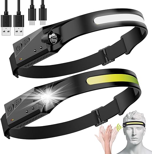 LED Headlamp, 2 Pack Rechargeable Flashlight for Adults, 230 Wide Beam Headlight, Motion Sensor Head Lamp, Adjustable Headband Outdoor Waterproof Head Light for Running,...