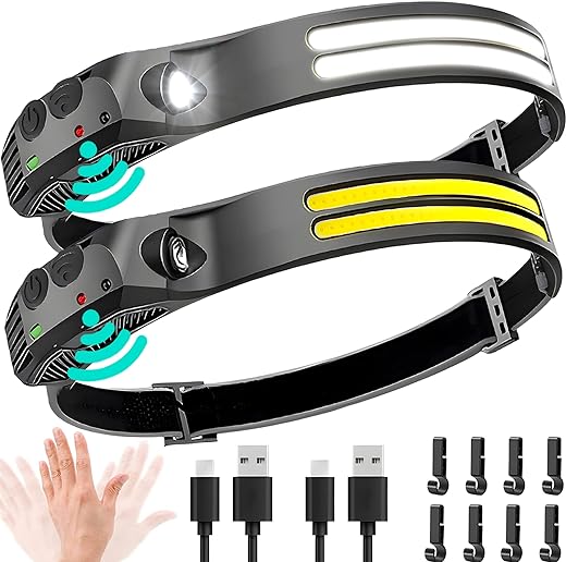 LED Headlamp Rechargeable 2PCS - 230° COB Super Bright Head Lights for Forehead, Hard hat Light for Adults, USB C Headband Flashlight for Work, Hiking, Running, Camping...