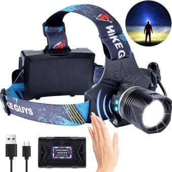 LED Rechargeable Headlamp, Headlight 90000 Lumens Super Bright with 6 Modes & IPX5 Warning Light, Motion Sensor Adjustable Headband Head Lamp, 60° for Adult Outdoor Camping...