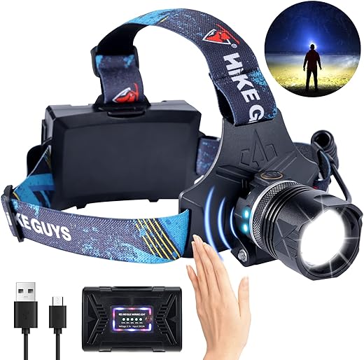 LED Rechargeable Headlamp, Headlight 90000 Lumens Super Bright with 6 Modes & IPX5 Warning Light, Motion Sensor Adjustable Headband Head Lamp, 60° for Adult Outdoor Camping...