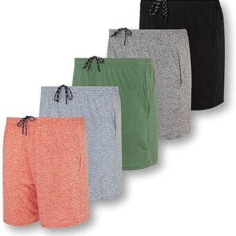 Real Essentials 5 Pack: Men's 5" Inseam Dry-Fit Running Workout Shorts - Pockets & Drawstring (Available in Big & Tall)