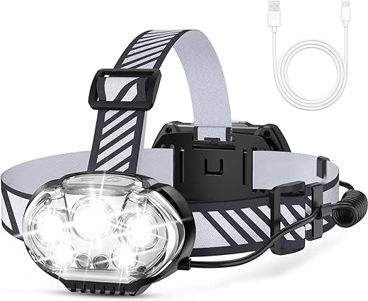 Rechargeable Headlamp, 20000 High Lumen Bright 5 LED Head Lamp with Red White Light, IPX4 Waterproof Headlight,8 Mode Head Flashlight for Outdoor Running Hunting Fishing Hiking...
