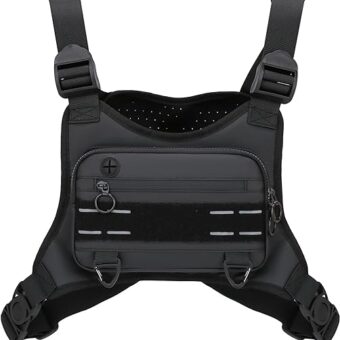 Sports Chest Bag For Men, Water Resistant Lightweight Front Running Vest Bag With Built-In Phone Holder & Extra Storage For Workouts, Cycling (Black)
