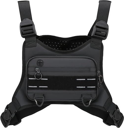 Sports Chest Bag For Men, Water Resistant Lightweight Front Running Vest Bag With Built-In Phone Holder & Extra Storage For Workouts, Cycling (Black)