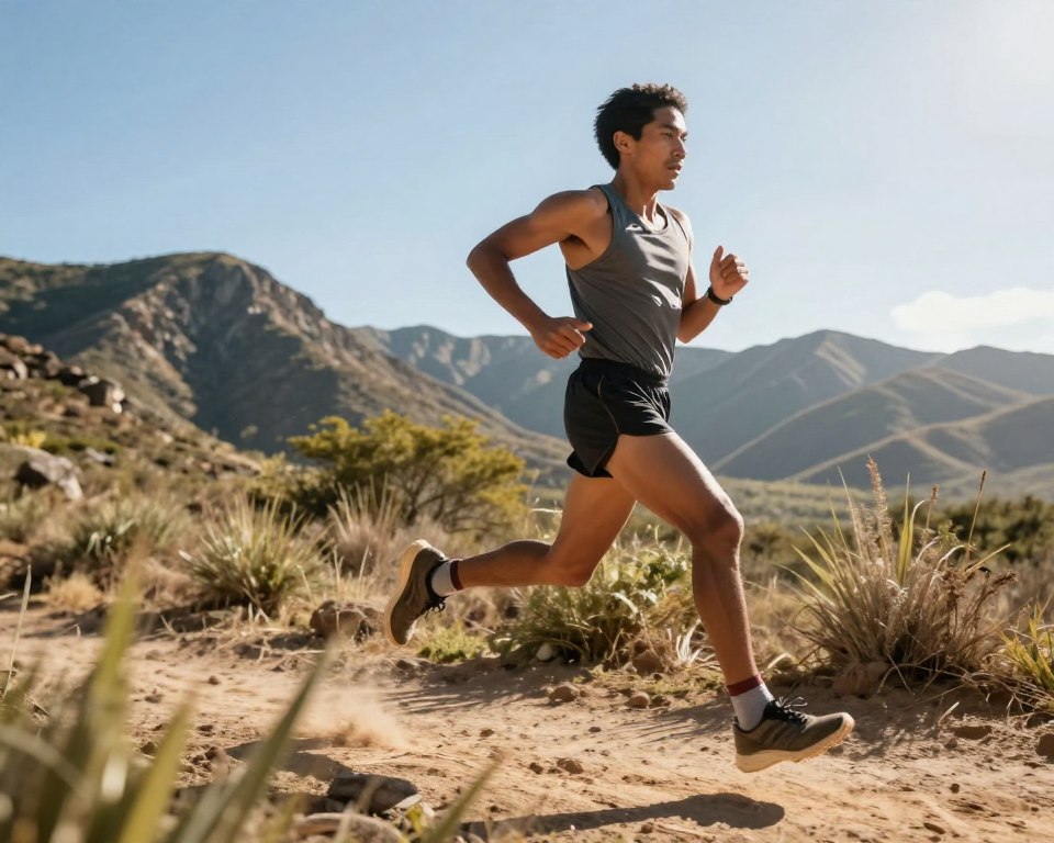 A Tarahumara runner demonstrating their unique running technique on a natural trail, showcasing a mid-stride position with an emphasis on a forefoot strike and relaxed upper body. In the foreground, the runner, dressed in modest athletic wear, exhibits a strong yet fluid form, capturing the essence of efficient movement. The middle ground features a dynamic background of rugged mountains and scattered vegetation under a bright blue sky, highlighting the connection to nature. Soft, warm sunlight filters through the scene, creating an uplifting atmosphere that accentuates the runner's technique. Shot from a low angle to emphasize the speed and grace of the runner, with a slightly blurred background to enhance focus on the subject. Ideal for illustrating effective running form and breathing techniques. A Tarahumara runner demonstrating their unique running technique on a natural trail, showcasing a mid-stride position with an emphasis on a forefoot strike and relaxed upper body. In the foreground, the runner, dressed in modest athletic wear, exhibits a strong yet fluid form, capturing the essence of efficient movement. The middle ground features a dynamic background of rugged mountains and scattered vegetation under a bright blue sky, highlighting the connection to nature. Soft, warm sunlight filters through the scene, creating an uplifting atmosphere that accentuates the runner's technique. Shot from a low angle to emphasize the speed and grace of the runner, with a slightly blurred background to enhance focus on the subject. Ideal for illustrating effective running form and breathing techniques.
