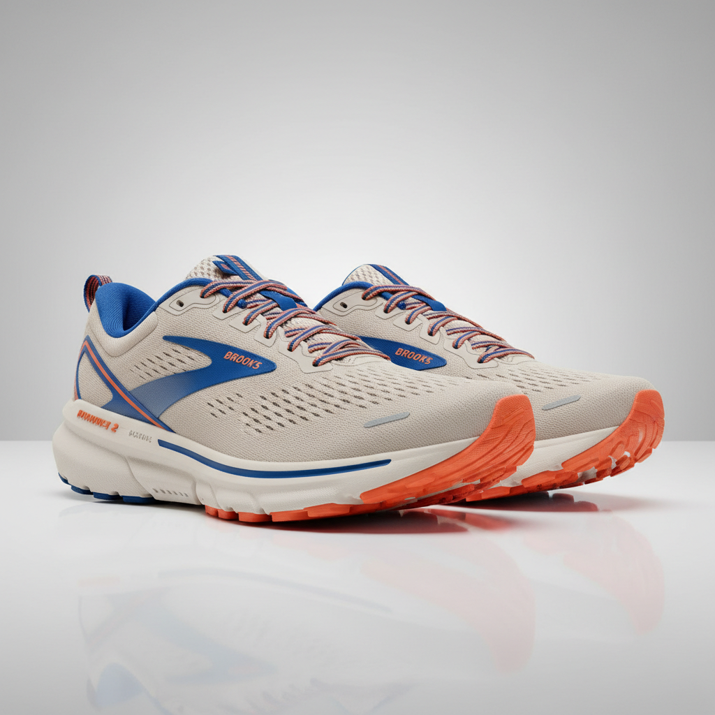 Brooks Ghost Max 2 Oyster Mushroom/Blue/Orange colorway