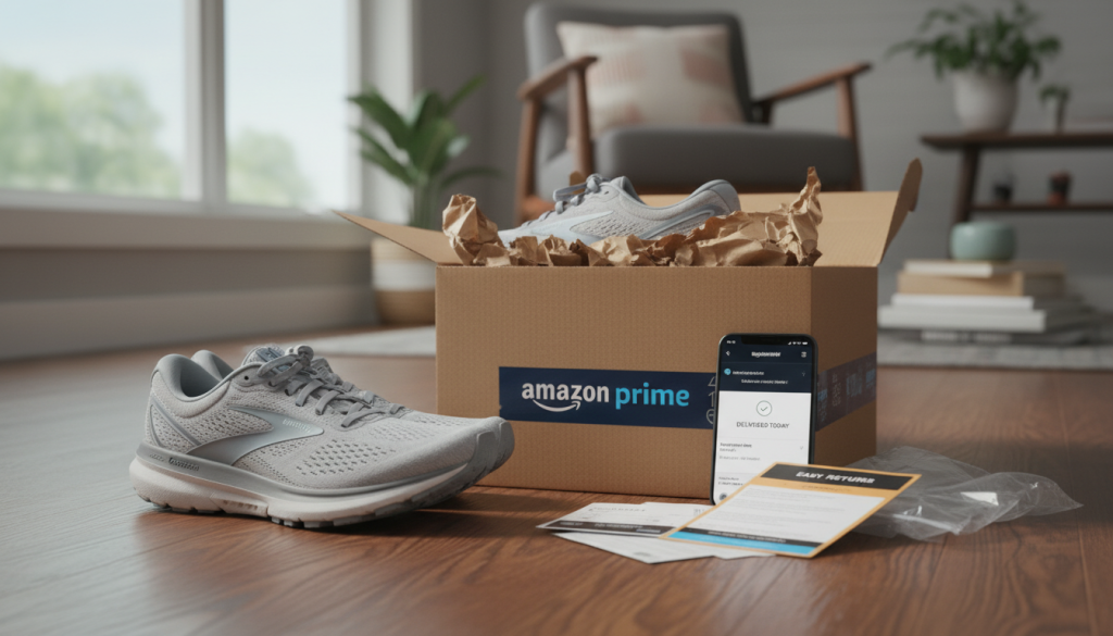Brooks Ghost Max 2 with Amazon Prime shipping box