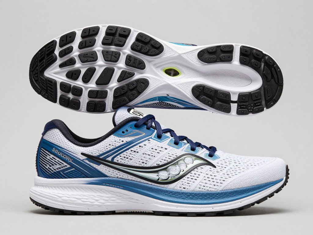 Road shoe outsole showing strategic rubber placement pattern Road shoe outsole showing strategic rubber placement pattern