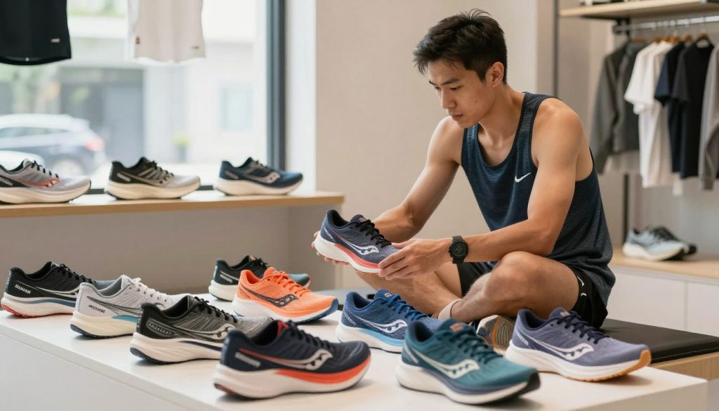Runner analyzing different Saucony shoe models for personal fit selection Runner analyzing different Saucony shoe models for personal fit selection
