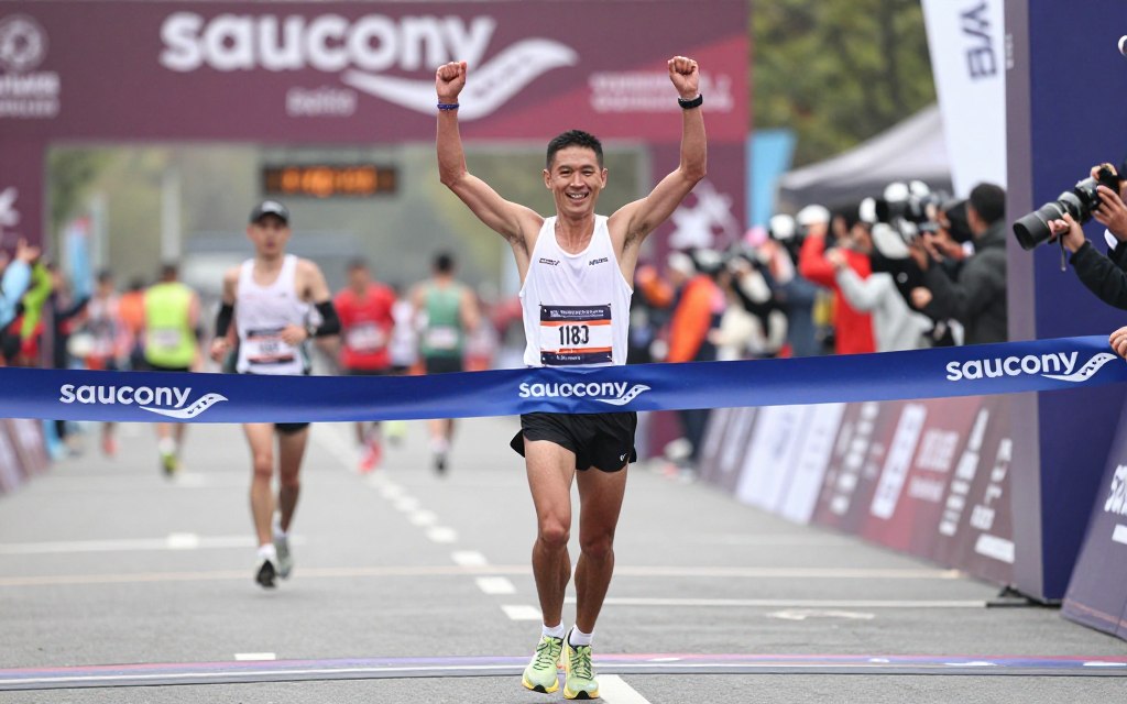 Runner crossing finish line wearing Saucony Endorphin Speed 4 Runner crossing finish line wearing Saucony Endorphin Speed 4