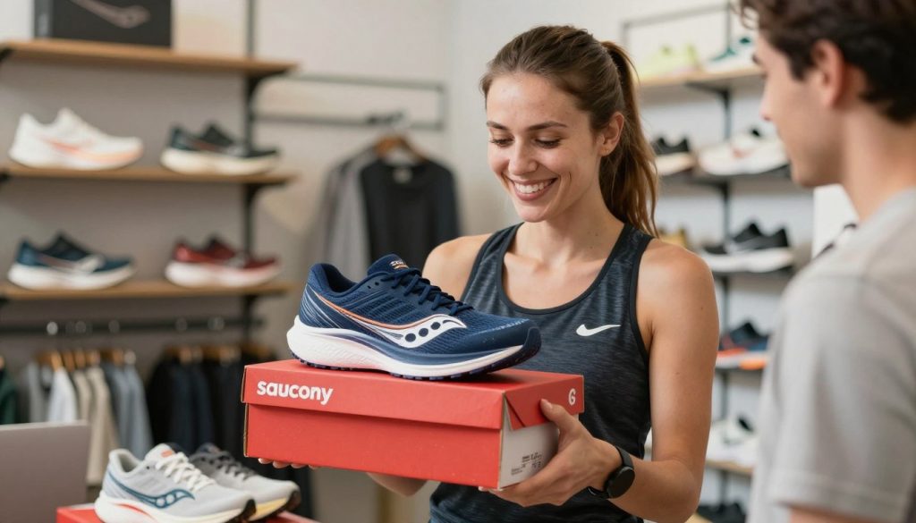 Runner successfully choosing and purchasing new Saucony running shoes Runner successfully choosing and purchasing new Saucony running shoes