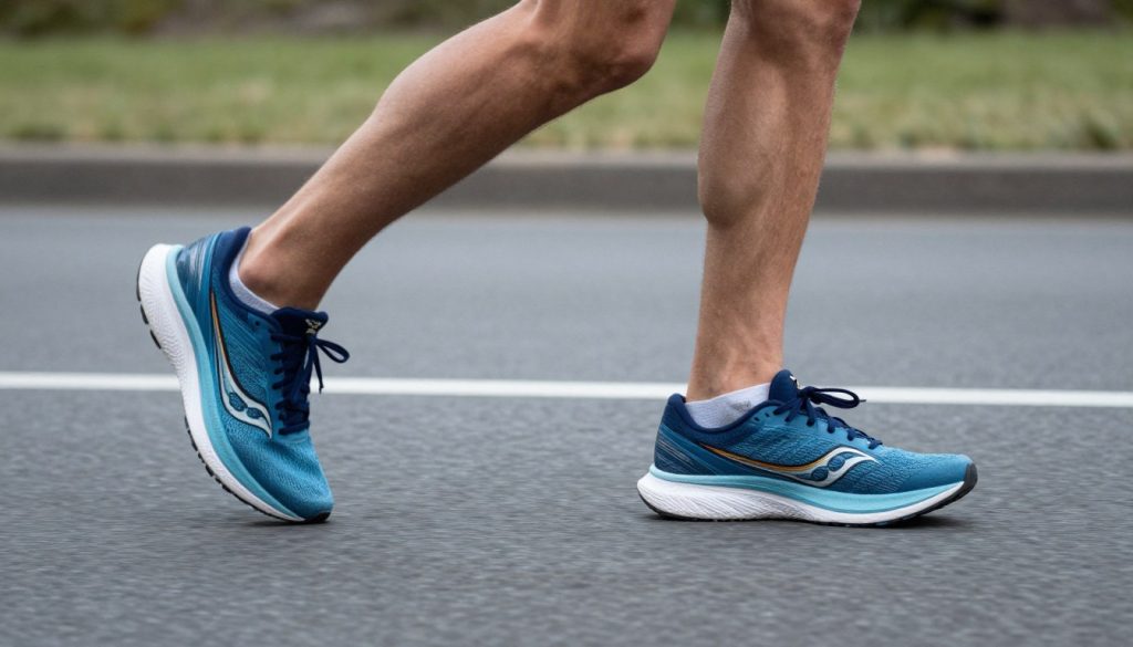 Runner wearing Saucony Endorphin Speed 4 during easy morning jog on road Runner wearing Saucony Endorphin Speed 4 during easy morning jog on road