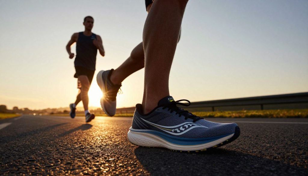Saucony Endorphin Speed 4 on road with runner in background at sunrise Saucony Endorphin Speed 4 on road with runner in background at sunrise