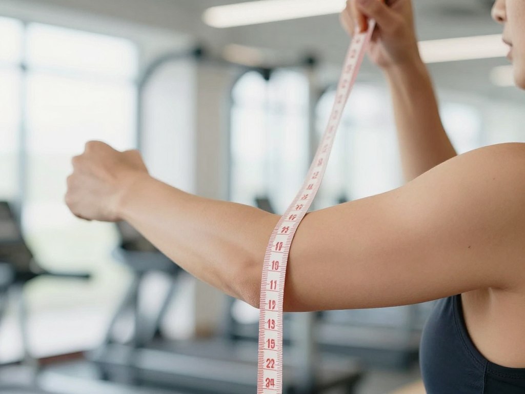 person measuring bicep muscle showing fitness progress person measuring bicep muscle showing fitness progress